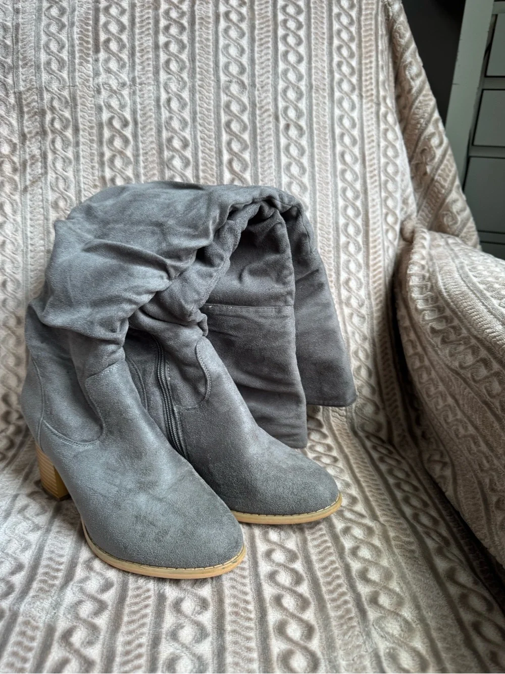 Gray over the knee Block Heel Boots - Women's Suede Look